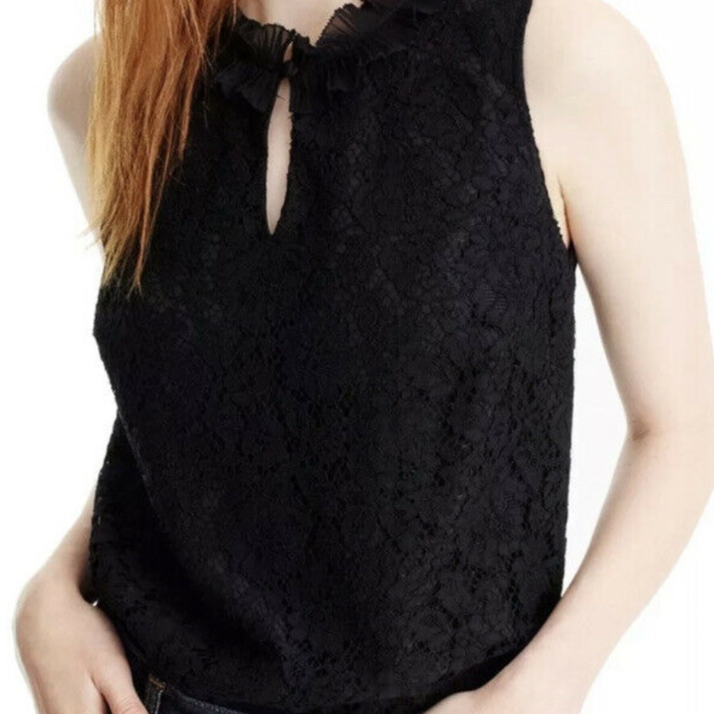 J. Crew Black Lace Ruffle Neck Top, Size M